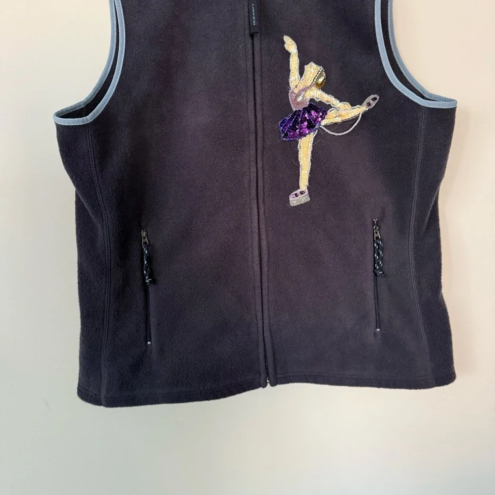 Vintage Y2K 2003 Old Navy Navy Zip Up Figure Skater Embroidered Fleece Vest